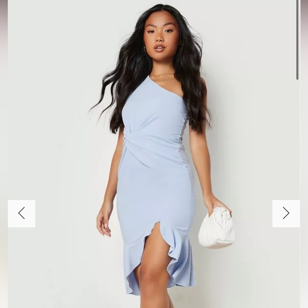 Boohoo Petite One Shoulder Twist Ruffle Midi Dress